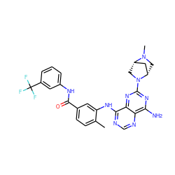 Cc1ccc(C(=O)Nc2cccc(C(F)(F)F)c2)cc1Nc1ncnc2c(N)nc(N3C[C@H]4C[C@@H]3CN4C)nc12 ZINC000148049685