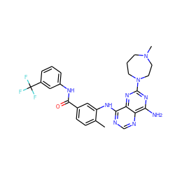 Cc1ccc(C(=O)Nc2cccc(C(F)(F)F)c2)cc1Nc1ncnc2c(N)nc(N3CCCN(C)CC3)nc12 ZINC000140566340