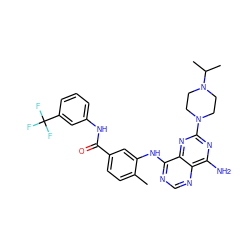 Cc1ccc(C(=O)Nc2cccc(C(F)(F)F)c2)cc1Nc1ncnc2c(N)nc(N3CCN(C(C)C)CC3)nc12 ZINC000148049459