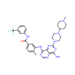 Cc1ccc(C(=O)Nc2cccc(C(F)(F)F)c2)cc1Nc1ncnc2c(N)nc(N3CCN(C4CCN(C)CC4)CC3)nc12 ZINC000148046598