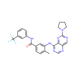Cc1ccc(C(=O)Nc2cccc(C(F)(F)F)c2)cc1Nc1ncnc2cnc(N3CCCC3)nc12 ZINC000148223270