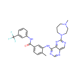 Cc1ccc(C(=O)Nc2cccc(C(F)(F)F)c2)cc1Nc1ncnc2cnc(N3CCCN(C)CC3)nc12 ZINC000148199294