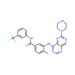 Cc1ccc(C(=O)Nc2cccc(C(F)(F)F)c2)cc1Nc1ncnc2cnc(N3CCNCC3)nc12 ZINC000148250334
