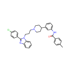 Cc1ccc(C(=O)Nc2cccc(C3CCN(CCCn4c(-c5ccc(Cl)cc5)nc5ccccc54)CC3)c2)cc1 ZINC000071318923