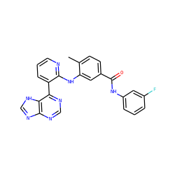 Cc1ccc(C(=O)Nc2cccc(F)c2)cc1Nc1ncccc1-c1ncnc2nc[nH]c12 ZINC000215319223