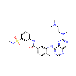 Cc1ccc(C(=O)Nc2cccc(S(=O)(=O)N(C)C)c2)cc1Nc1ncnc2cnc(N(C)CCN(C)C)nc12 ZINC000148181441