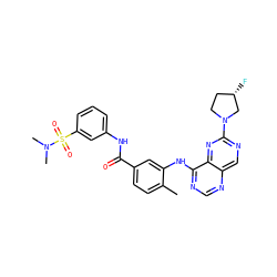 Cc1ccc(C(=O)Nc2cccc(S(=O)(=O)N(C)C)c2)cc1Nc1ncnc2cnc(N3CC[C@H](F)C3)nc12 ZINC000148234228