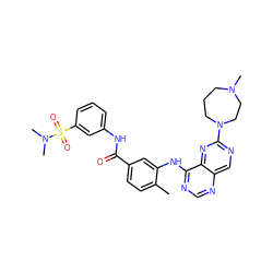 Cc1ccc(C(=O)Nc2cccc(S(=O)(=O)N(C)C)c2)cc1Nc1ncnc2cnc(N3CCCN(C)CC3)nc12 ZINC000148219569