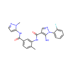 Cc1ccc(C(=O)Nc2ccnn2C)cc1NC(=O)c1cnn(-c2ccccc2F)c1N ZINC000064560260