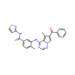 Cc1ccc(C(=O)Nc2ccon2)cc1Nc1ncnn2cc(C(=O)c3ccccc3)c(C)c12 ZINC000038733912