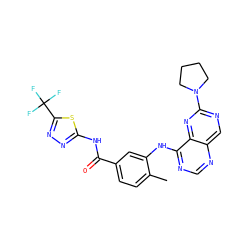 Cc1ccc(C(=O)Nc2nnc(C(F)(F)F)s2)cc1Nc1ncnc2cnc(N3CCCC3)nc12 ZINC000148222638
