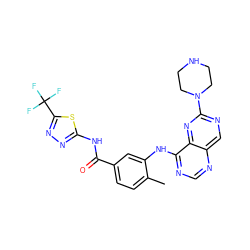Cc1ccc(C(=O)Nc2nnc(C(F)(F)F)s2)cc1Nc1ncnc2cnc(N3CCNCC3)nc12 ZINC000148251250