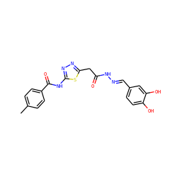 Cc1ccc(C(=O)Nc2nnc(CC(=O)N/N=C/c3ccc(O)c(O)c3)s2)cc1 ZINC000001953669