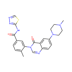 Cc1ccc(C(=O)Nc2nncs2)cc1-n1cnc2ccc(N3CCN(C)CC3)cc2c1=O ZINC000084651925