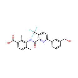 Cc1ccc(C(=O)O)c(C)c1NC(=O)c1nc(-c2cccc(CO)c2)ccc1C(F)(F)F ZINC000653700716