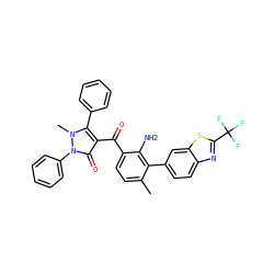 Cc1ccc(C(=O)c2c(-c3ccccc3)n(C)n(-c3ccccc3)c2=O)c(N)c1-c1ccc2nc(C(F)(F)F)sc2c1 ZINC000299858538