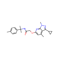 Cc1ccc(C(C)(C)NC(=O)COc2cc(C)c3c(C4CC4)nn(C)c3n2)cc1 ZINC000117511784