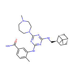 Cc1ccc(C(N)=O)cc1Nc1nc(NC[C@@H]2CC[C@H]3C[C@@H]2C3(C)C)nc(N2CCCN(C)CC2)n1 ZINC000013586060