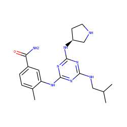 Cc1ccc(C(N)=O)cc1Nc1nc(NCC(C)C)nc(N[C@H]2CCNC2)n1 ZINC000036761669