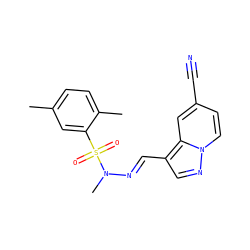 Cc1ccc(C)c(S(=O)(=O)N(C)/N=C/c2cnn3ccc(C#N)cc23)c1 ZINC000082150247