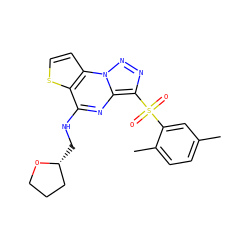 Cc1ccc(C)c(S(=O)(=O)c2nnn3c2nc(NC[C@@H]2CCCO2)c2sccc23)c1 ZINC000009969233