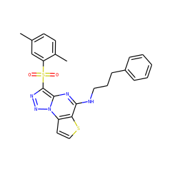 Cc1ccc(C)c(S(=O)(=O)c2nnn3c2nc(NCCCc2ccccc2)c2sccc23)c1 ZINC000009116970