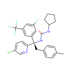 Cc1ccc(C[C@](NC(=O)NC2CCCC2)(c2cc(F)cc(C(F)(F)F)c2)c2ccc(Cl)cn2)cc1 ZINC000095556384