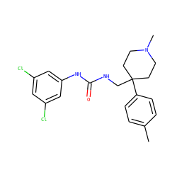 Cc1ccc(C2(CNC(=O)Nc3cc(Cl)cc(Cl)c3)CCN(C)CC2)cc1 ZINC000028115472
