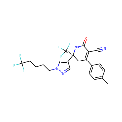 Cc1ccc(C2=C(C#N)C(=O)N[C@@](c3cnn(CCCCC(F)(F)F)c3)(C(F)(F)F)C2)cc1 ZINC001772635888