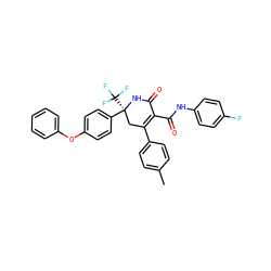 Cc1ccc(C2=C(C(=O)Nc3ccc(F)cc3)C(=O)N[C@@](c3ccc(Oc4ccccc4)cc3)(C(F)(F)F)C2)cc1 ZINC001772575081