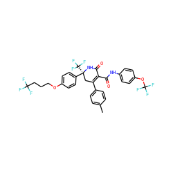 Cc1ccc(C2=C(C(=O)Nc3ccc(OC(F)(F)F)cc3)C(=O)N[C@@](c3ccc(OCCCC(F)(F)F)cc3)(C(F)(F)F)C2)cc1 ZINC000206006392