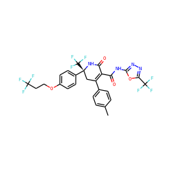 Cc1ccc(C2=C(C(=O)Nc3nnc(C(F)(F)F)o3)C(=O)N[C@](c3ccc(OCCC(F)(F)F)cc3)(C(F)(F)F)C2)cc1 ZINC001772576039