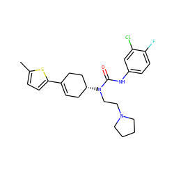 Cc1ccc(C2=CC[C@@H](N(CCN3CCCC3)C(=O)Nc3ccc(F)c(Cl)c3)CC2)s1 ZINC000028650250