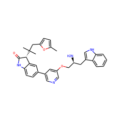 Cc1ccc(CC(C)(C)[C@H]2C(=O)Nc3ccc(-c4cncc(OC[C@@H](N)Cc5c[nH]c6ccccc56)c4)cc32)o1 ZINC000034803847
