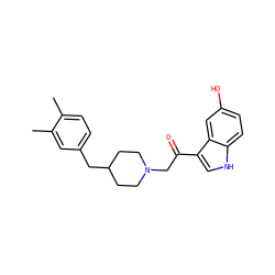 Cc1ccc(CC2CCN(CC(=O)c3c[nH]c4ccc(O)cc34)CC2)cc1C ZINC000653687485