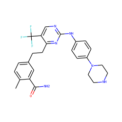 Cc1ccc(CCc2nc(Nc3ccc(N4CCNCC4)cc3)ncc2C(F)(F)F)cc1C(N)=O ZINC000201627757