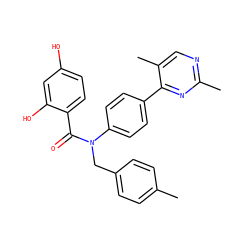 Cc1ccc(CN(C(=O)c2ccc(O)cc2O)c2ccc(-c3nc(C)ncc3C)cc2)cc1 ZINC000653682396