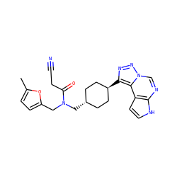 Cc1ccc(CN(C[C@H]2CC[C@H](c3nnn4cnc5[nH]ccc5c34)CC2)C(=O)CC#N)o1 ZINC001772612563