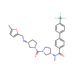 Cc1ccc(CN[C@@H]2CCN(C(=O)N3CC[C@H](N(C)C(=O)c4ccc(-c5ccc(C(F)(F)F)cc5)cc4)C3)C2)o1 ZINC000036351611