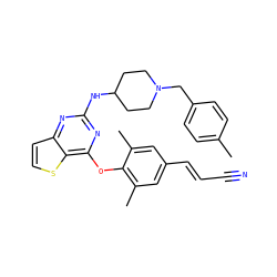 Cc1ccc(CN2CCC(Nc3nc(Oc4c(C)cc(/C=C/C#N)cc4C)c4sccc4n3)CC2)cc1 ZINC001772634740