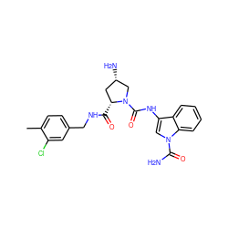 Cc1ccc(CNC(=O)[C@@H]2C[C@H](N)CN2C(=O)Nc2cn(C(N)=O)c3ccccc23)cc1Cl ZINC000143993279