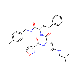 Cc1ccc(CNC(=O)[C@H](CCc2ccccc2)NC(=O)[C@H](CC(=O)NCC(C)C)NC(=O)c2cc(C)on2)cc1 ZINC000169329244