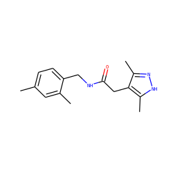 Cc1ccc(CNC(=O)Cc2c(C)n[nH]c2C)c(C)c1 ZINC000043177553