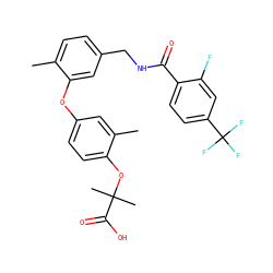 Cc1ccc(CNC(=O)c2ccc(C(F)(F)F)cc2F)cc1Oc1ccc(OC(C)(C)C(=O)O)c(C)c1 ZINC000028825473