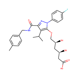 Cc1ccc(CNC(=O)c2nn(-c3ccc(F)cc3)c(OC[C@@H](O)C[C@@H](O)CC(=O)O)c2C(C)C)cc1 ZINC000014967871