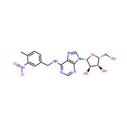 Cc1ccc(CNc2ncnc3c2ncn3[C@@H]2O[C@H](CO)[C@@H](O)[C@H]2O)cc1[N+](=O)[O-] ZINC000029057527