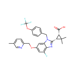 Cc1ccc(COc2cc(F)c3nc([C@@H]4[C@H](C(=O)O)C4(C)C)n(Cc4ccc(OC(F)(F)F)cc4)c3c2)nc1 ZINC000226024139