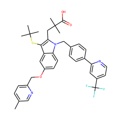 Cc1ccc(COc2ccc3c(c2)c(SC(C)(C)C)c(CC(C)(C)C(=O)O)n3Cc2ccc(-c3cc(C(F)(F)F)ccn3)cc2)nc1 ZINC000082137930