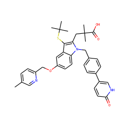 Cc1ccc(COc2ccc3c(c2)c(SC(C)(C)C)c(CC(C)(C)C(=O)O)n3Cc2ccc(-c3ccc(=O)[nH]c3)cc2)nc1 ZINC000073169141