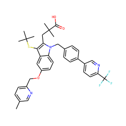 Cc1ccc(COc2ccc3c(c2)c(SC(C)(C)C)c(CC(C)(C)C(=O)O)n3Cc2ccc(-c3ccc(C(F)(F)F)nc3)cc2)nc1 ZINC000082138071